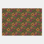 ダークグリーンのキノコ、カボチャ、ひまわり ラッピングペーパーシート (正面)