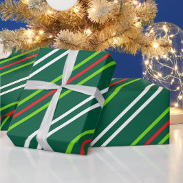 ダークグリーンのクリスマスに白と赤のストライプ ラッピングペーパー