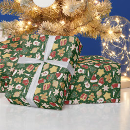 ダークグリーンのクリスマスジンジャーブレッドのクッキーパターン ラッピングペーパー