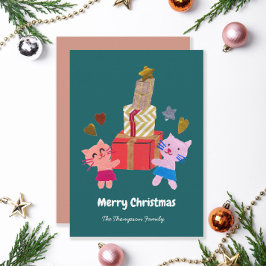 ダークグリーンのクリスマスデザインの猫のギフト シーズンカード