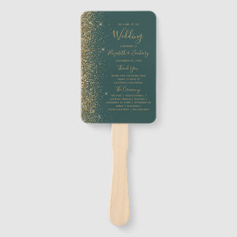 ダークグリーンのゴールドラメエッジ ウェディングプログラム ハンドファン