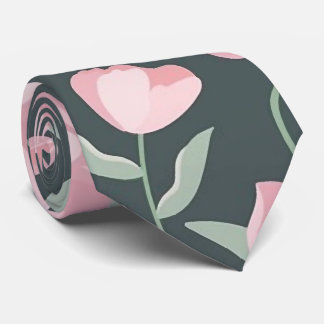 ダークグリーンのシームレスパターン上のピンク色の花 ネクタイ