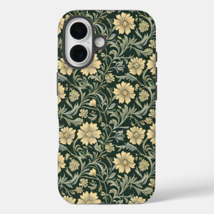 ダークグリーンのスタイリッシュな黄色い花柄 iPhone 16ケース