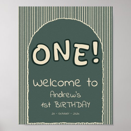 ダークグリーンのストライプ 1歳の誕生日ウェルカムサイン ポスター (正面)