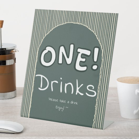ダークグリーンのストライプ 1歳の誕生日ドリンク 台座サイン (インサイチュ)