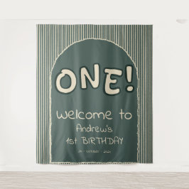 ダークグリーンのストライプ 1歳の誕生日背景 タペストリー