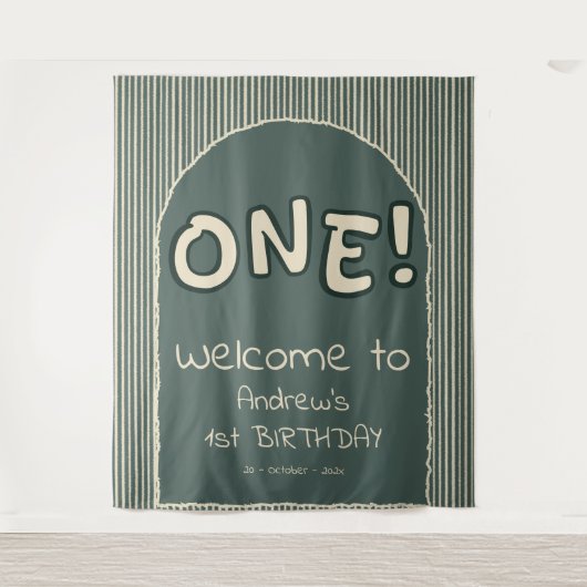 ダークグリーンのストライプ 1歳の誕生日背景 タペストリー (正面)