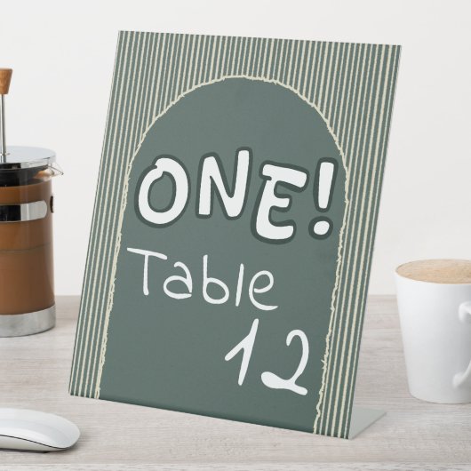 ダークグリーンのストライプ 1歳の誕生日 テーブルナンバー 台座サイン (インサイチュ)