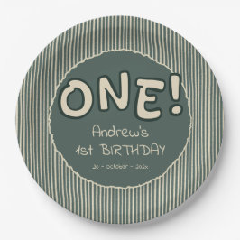 ダークグリーンのストライプ 1歳の誕生日 ペーパープレート