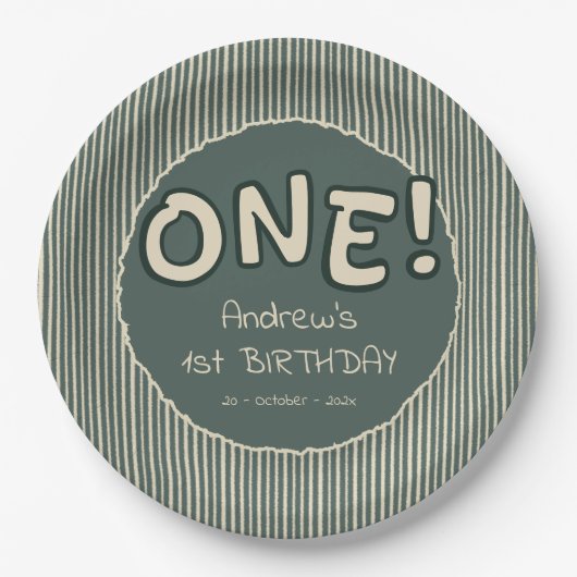 ダークグリーンのストライプ 1歳の誕生日 ペーパープレート (正面)