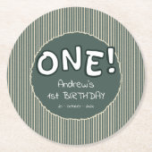 ダークグリーンのストライプ 1歳の誕生日 ラウンドペーパーコースター (正面)