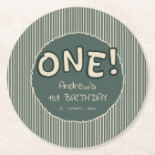 ダークグリーンのストライプ 1歳の誕生日 ラウンドペーパーコースター (正面)