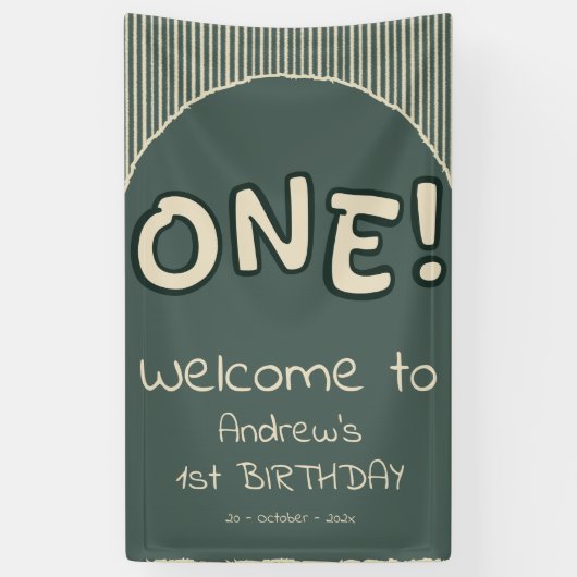 ダークグリーンのストライプ 1歳の誕生日 横断幕 (縦)