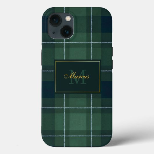 ダークグリーンのタータンポロペイント柄ヴィンテージモノグラム名入り Case-Mate iPhoneケース (裏面)