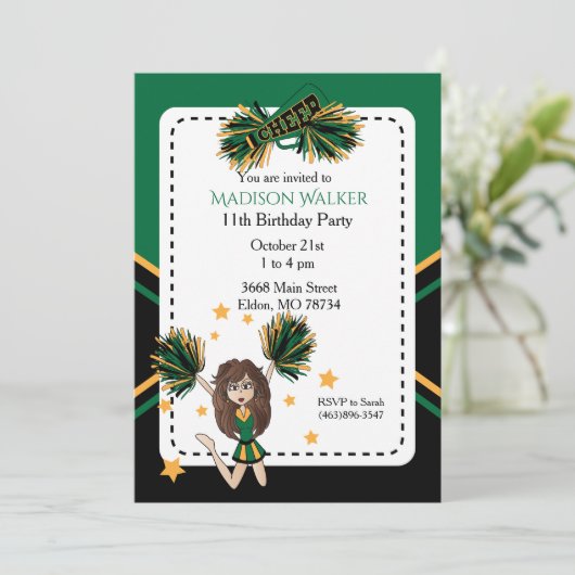 ダークグリーンのチアリーダー誕生日パーティー&金ゴールド 招待状 (スタンド正面)