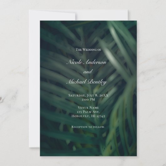 ダークグリーンのトロピカルパームリーフがエレガントなウェディングイン 招待状 (正面)