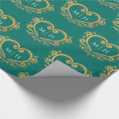 ダークグリーンのハートモノグラム結婚金ゴールド ラッピングペーパー (角)