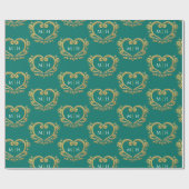 ダークグリーンのハートモノグラム結婚金ゴールド ラッピングペーパー (フラット)