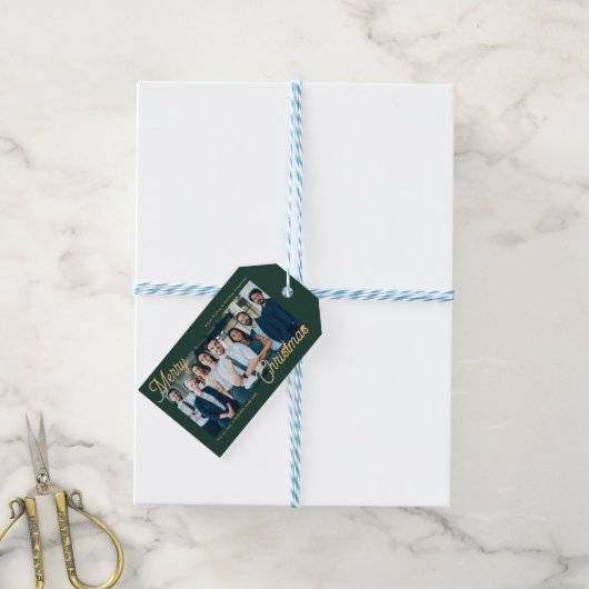 ダークグリーンのビジネスチームフォト会社のクリスマス ギフトタグ (より糸つき)