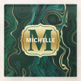 ダークグリーンのマラカイトと金箔の地層を覆う ガラスコースター