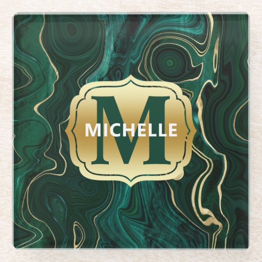 ダークグリーンのマラカイトと金箔の地層を覆う ガラスコースター (正面)