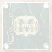 ダークグリーンのマラカイトと金箔の地層を覆う ガラスコースター (裏面)