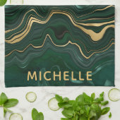 ダークグリーンのマラカイトと金箔の地層を覆う キッチンタオル (折り畳み)