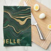 ダークグリーンのマラカイトと金箔の地層を覆う キッチンタオル (四つ折り)