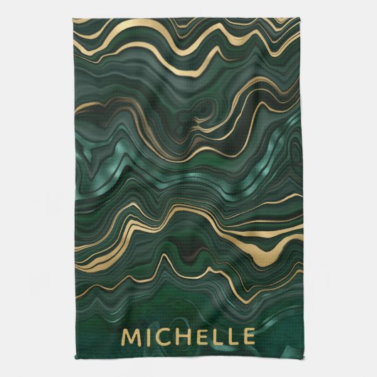 ダークグリーンのマラカイトと金箔の地層を覆う キッチンタオル (縦)