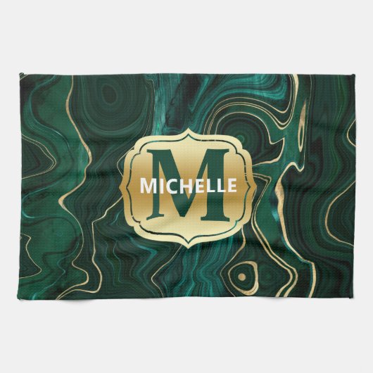 ダークグリーンのマラカイトと金箔の地層を覆う キッチンタオル (横)