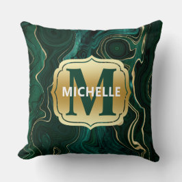 ダークグリーンのマラカイトと金箔の地層を覆う クッション