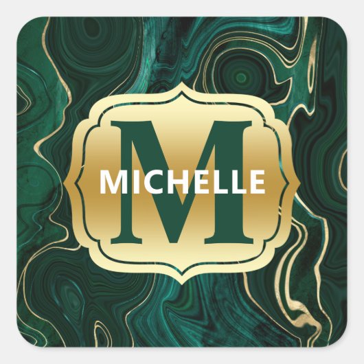 ダークグリーンのマラカイトと金箔の地層を覆う スクエアシール (正面)