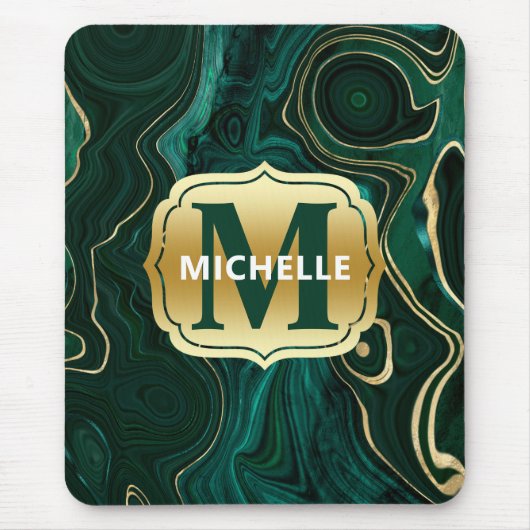 ダークグリーンのマラカイトと金箔の地層を覆う マウスパッド (正面)