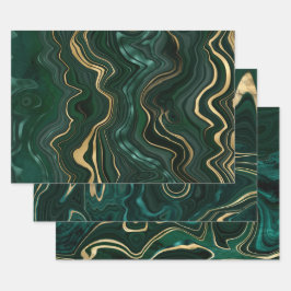 ダークグリーンのマラカイトと金箔の地層を覆う ラッピングペーパーシート