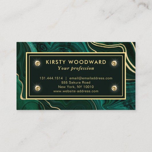ダークグリーンのマラカイトと金箔の地層を覆う 名刺 (裏面)