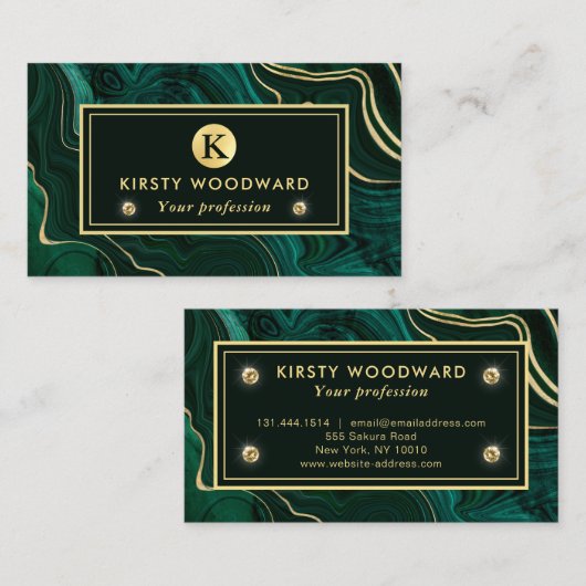 ダークグリーンのマラカイトと金箔の地層を覆う 名刺 (正面/裏面)