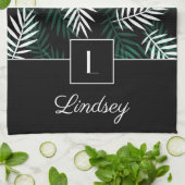 ダークグリーンのモノグラムとあなたの名葉前パターン キッチンタオル (折り畳み)