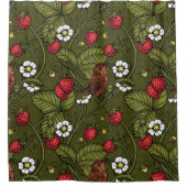 ダークグリーンのレンツとイチゴ シャワーカーテン (正面)