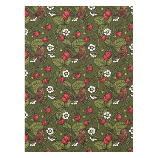 ダークグリーンのレンツとイチゴ テーブルクロス (正面)