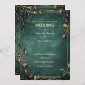 ダークグリーンの大理石の背景と、素朴な国境 招待状 (正面/裏面)