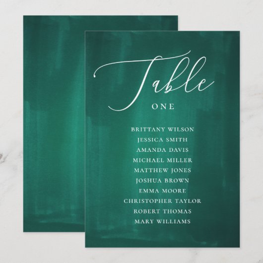 ダークグリーンの席次表。エメラルドグリーンのエレガントなウェディング 招待状 (正面/裏面)