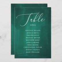 ダークグリーンの席次表。エメラルドグリーンのエレガントなウェディング