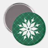 ダークグリーンの格子状フェスティバル冬の雪片 マグネット (正面/裏面)