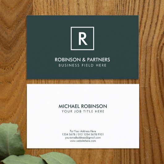 ダークグリーンの正方形フレームのミニマルイニシャル 名刺