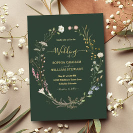ダークグリーンの水彩画風の野の花のテーマの結婚式 箔招待状