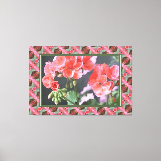 ダークグリーンの珊瑚色ピンクのゲラニウム キャンバスプリント (正面)