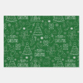 ダークグリーンの白いクリスマスアウトライン ラッピングペーパーシート (正面2)