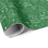 ダークグリーンの白いクリスマスアウトライン ラッピングペーパー (ロールコーナー)