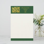 ダークグリーンの紙に描かれたケルト色の黄金のヘビ 便箋 (スタンド正面)