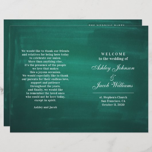 ダークグリーンの結婚式プログラム。エメラモダンエレガントド (正面/裏面)